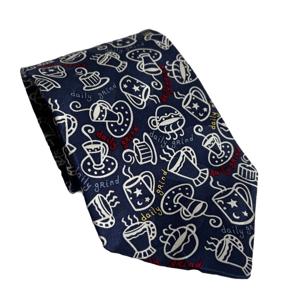 Vintage Coffee Tie NOVELTIES Hallmark 1996 Daily Grind, USA Silk Navy Blue